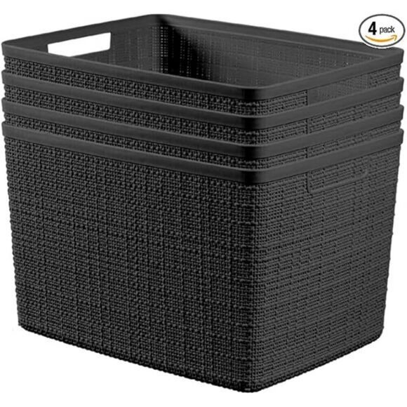Black Plastic Storage Baskets Set of 4 Shelf Bins Closet Pantry Organizer Bins - Picture 8 of 8